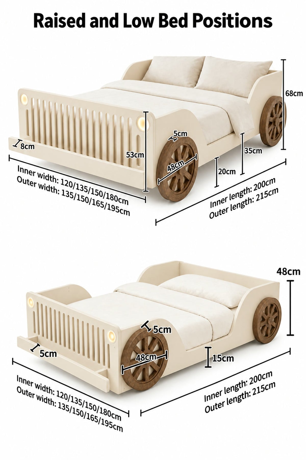  Raised and low car bed dimensions with 200 cm inner length.
