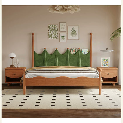  Green scalloped upholstered wood bed with two optional bedside tables.