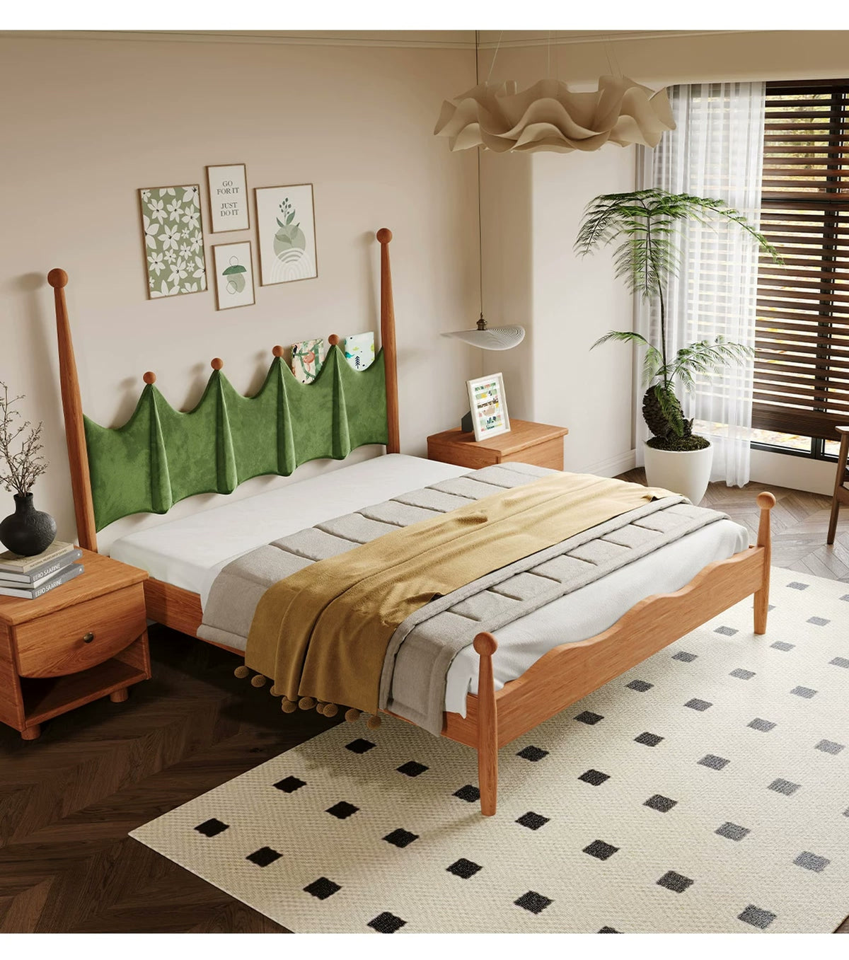  Green scalloped bed in a warm wood bedroom.