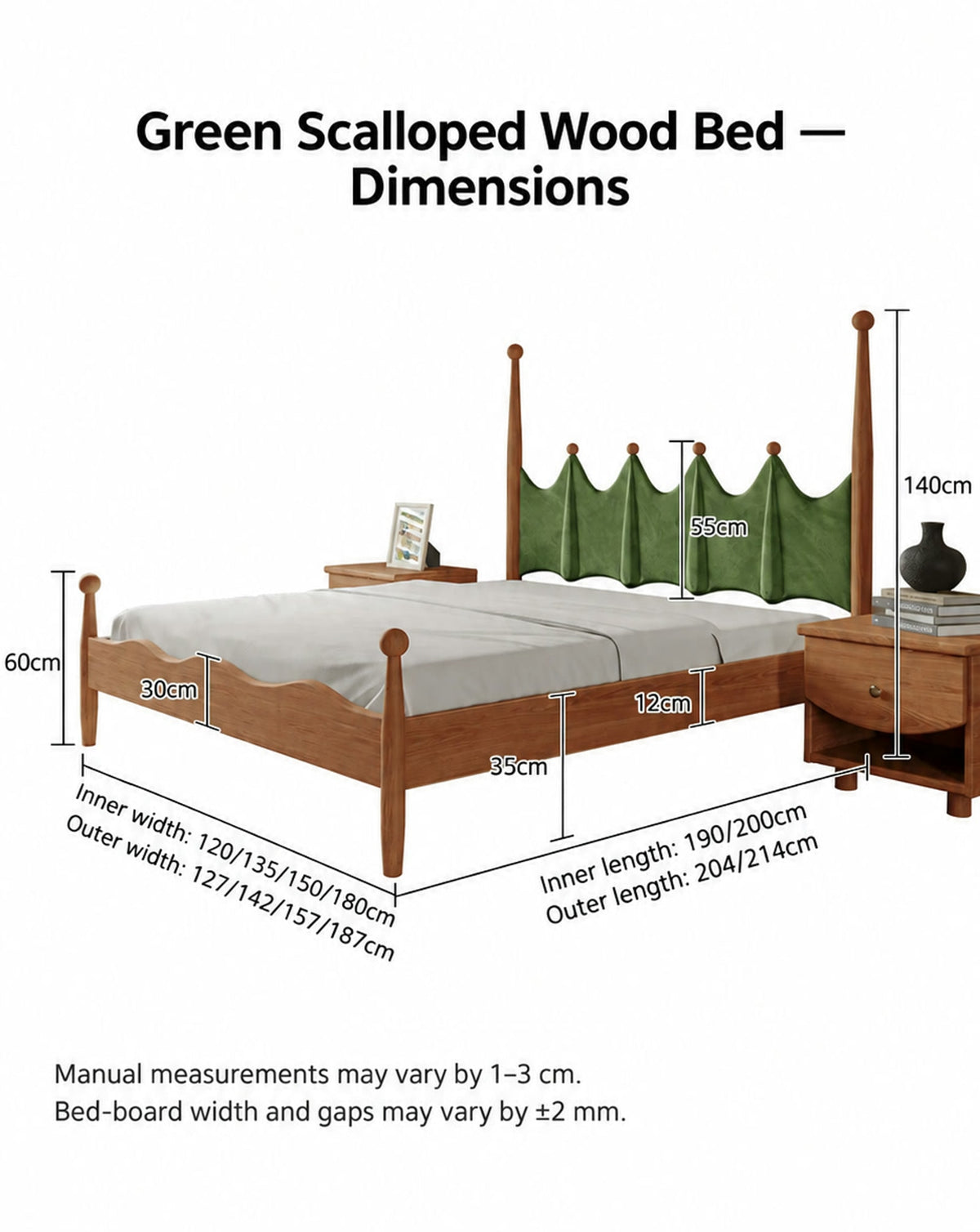  Eight mattress and frame sizes with 140 cm head posts and 55 cm upholstery.
