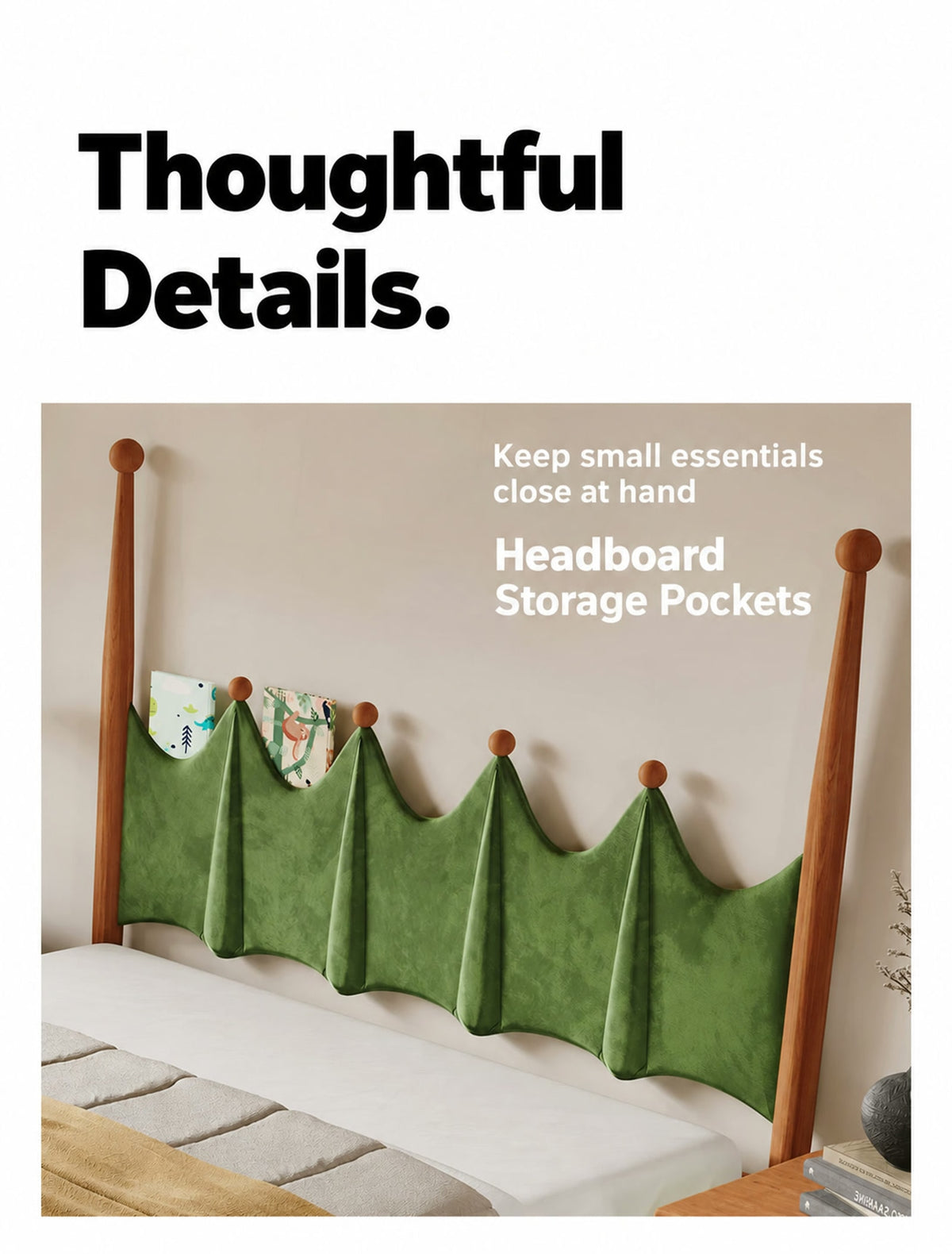  Scalloped green headboard with book storage pockets.