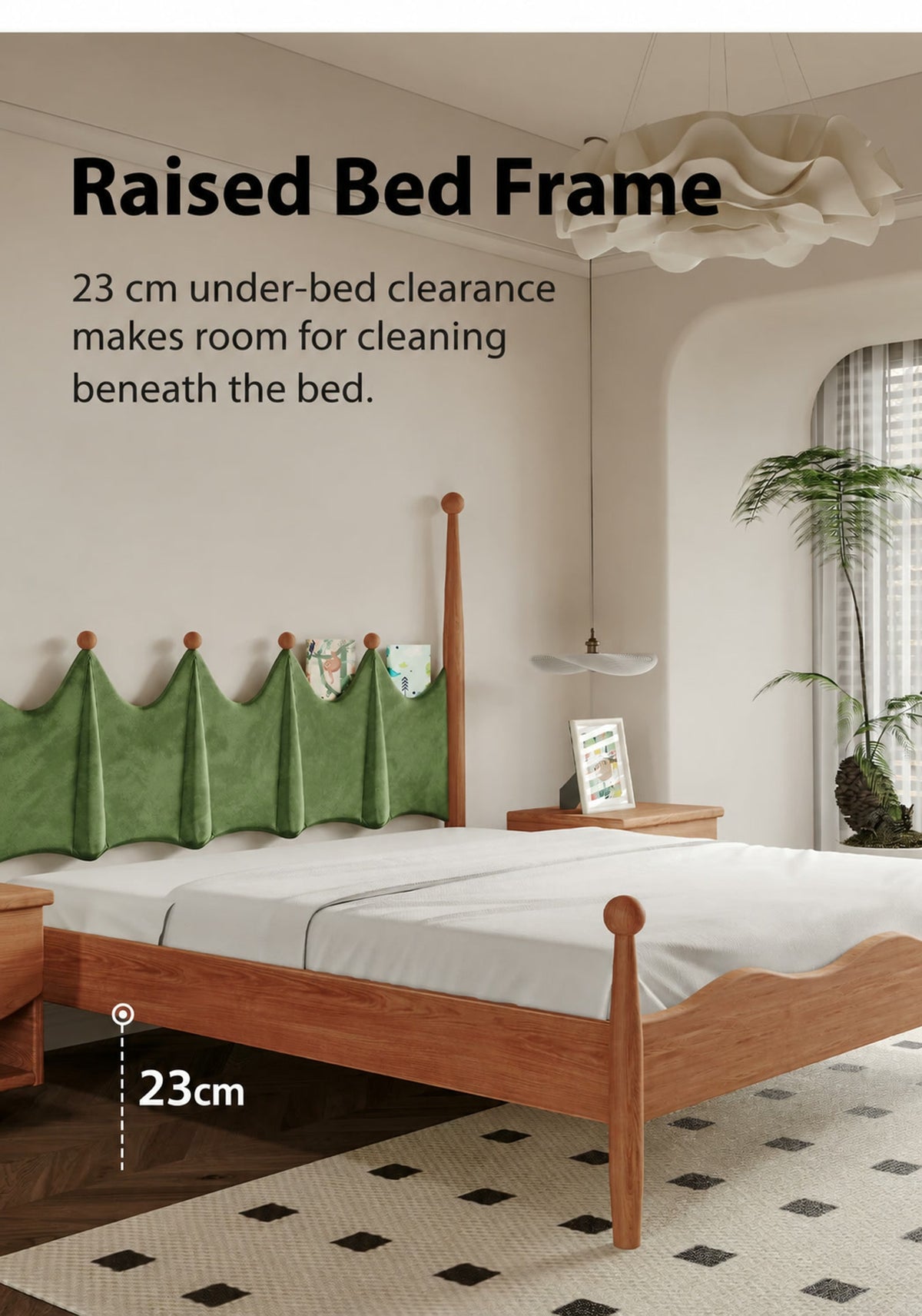  Wood bed frame showing 23 cm of clearance underneath.