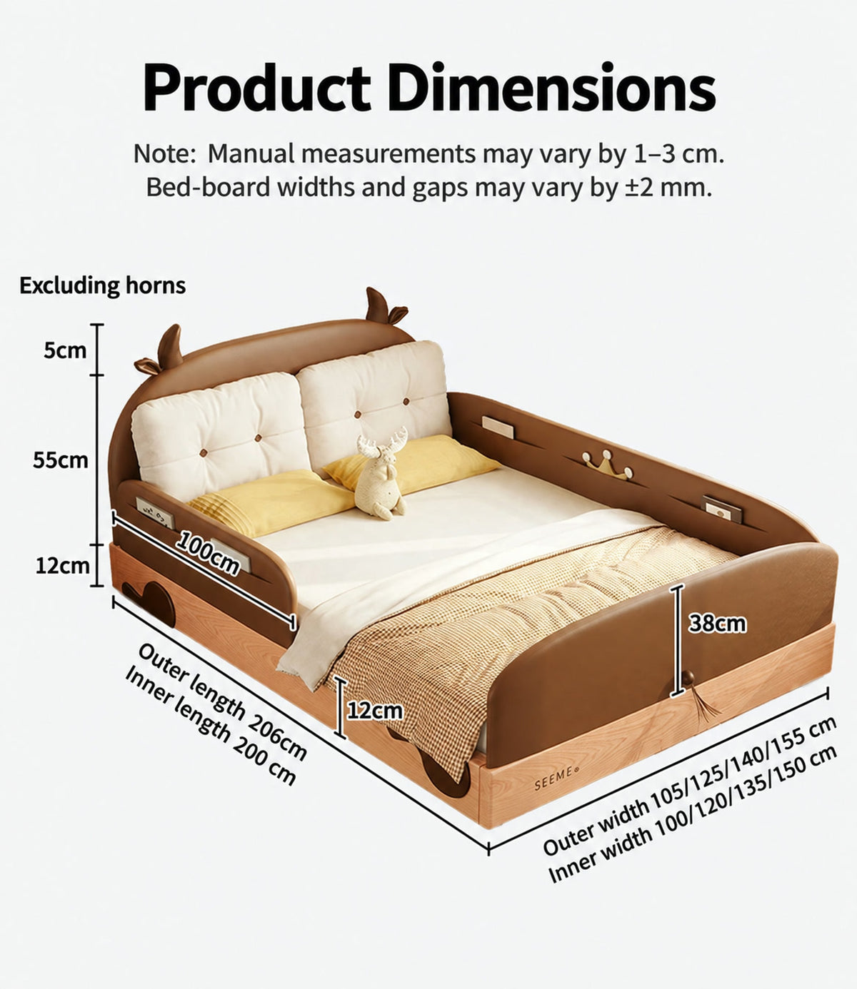  Cow bed dimensions with four illustrated mattress widths and 206 cm outer length.