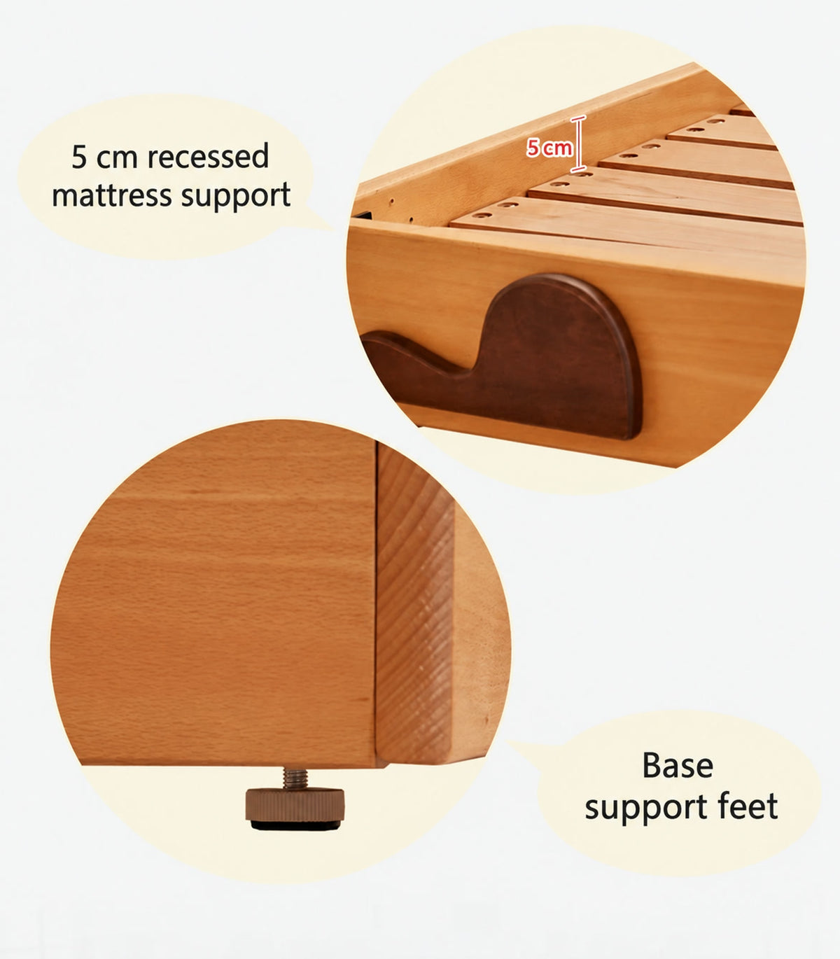  Five-centimetre mattress recess and support feet.