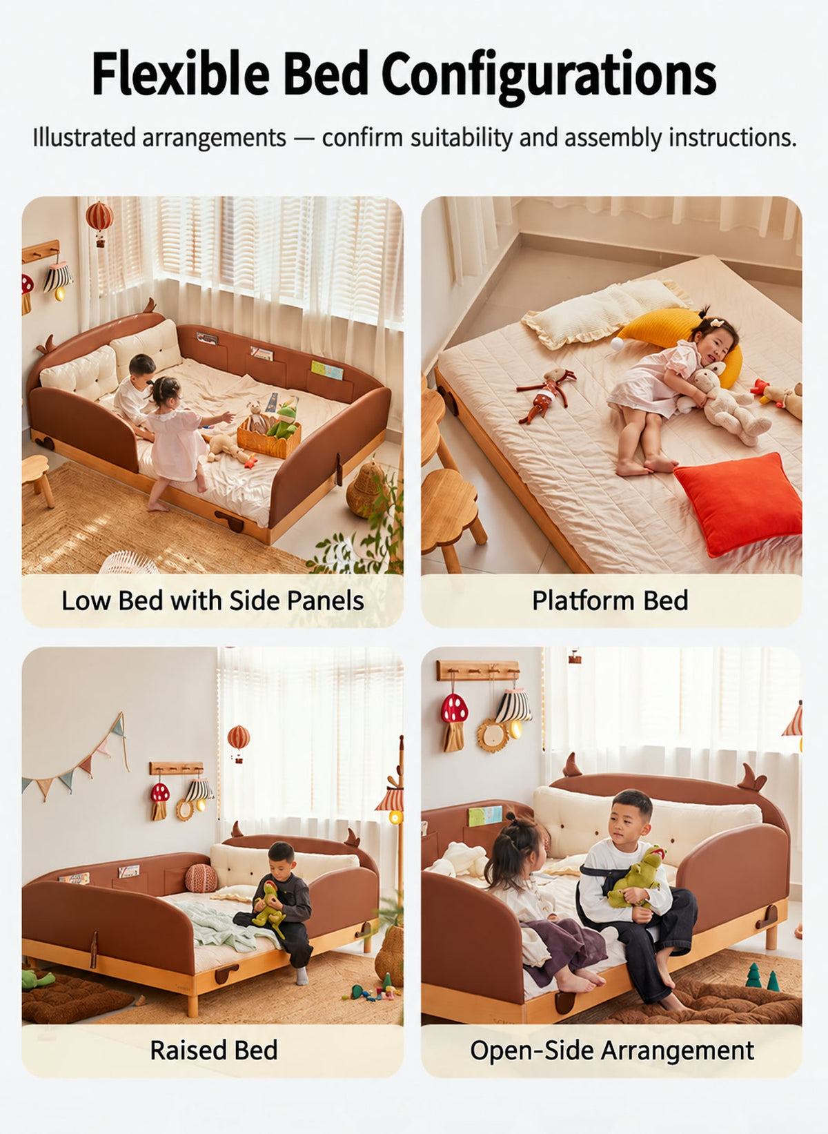  Four illustrated low and raised arrangements of the modular cow bed.