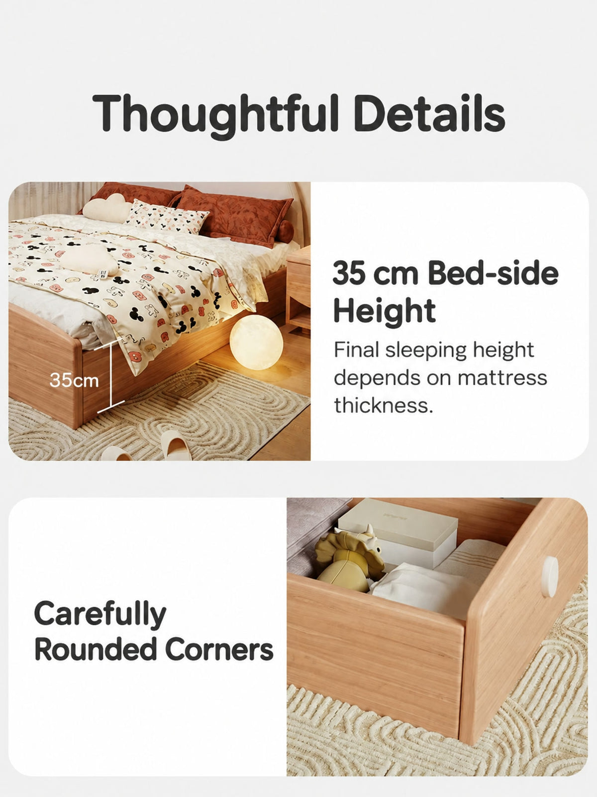  35 cm bed-side height and rounded wood corner detail.