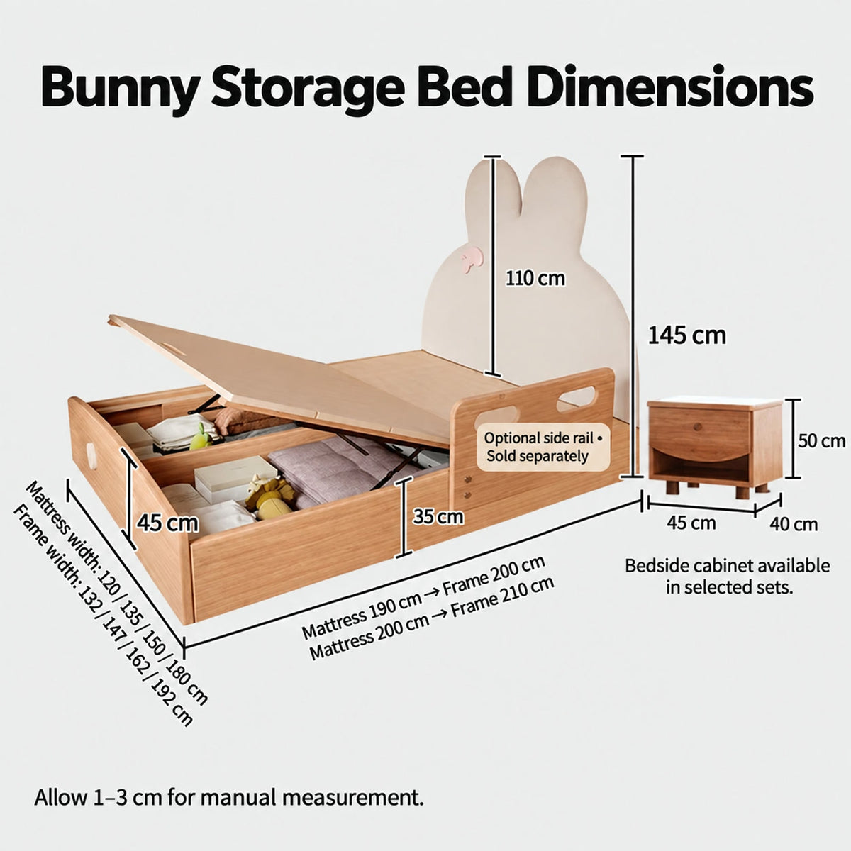  Supplier dimension diagram of the bunny storage bed and optional bedside cabinet.