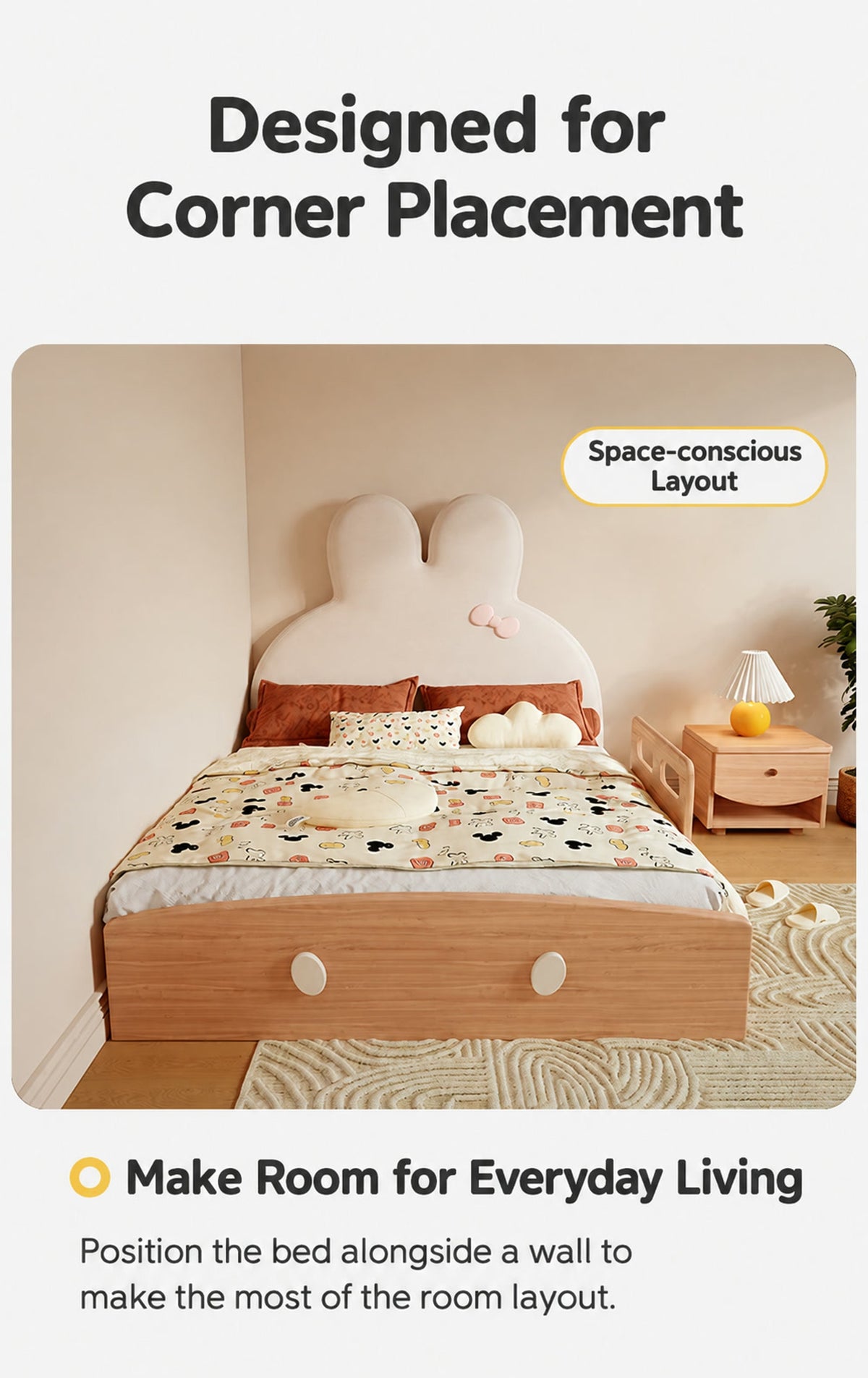 Bunny storage bed positioned against a bedroom wall with optional side rail.