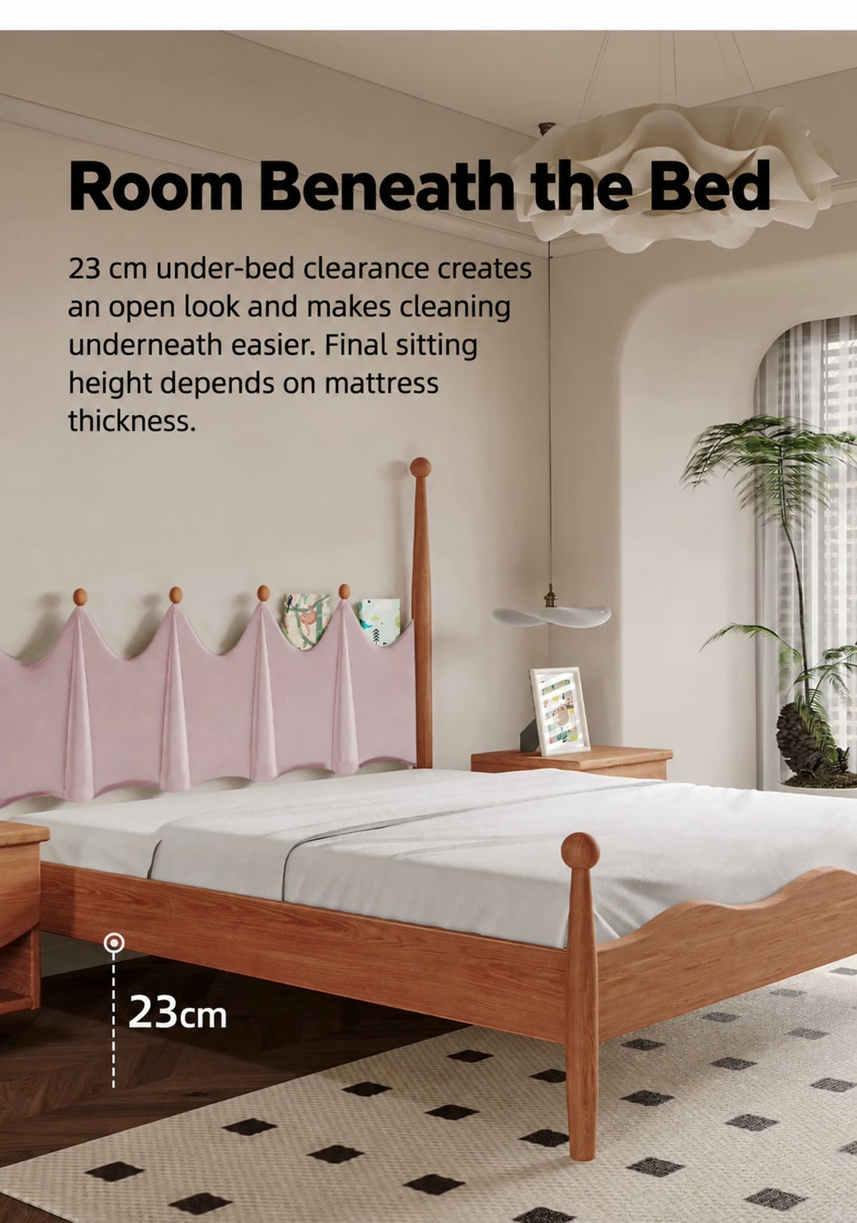  23 cm under-bed clearance beneath the wood frame.