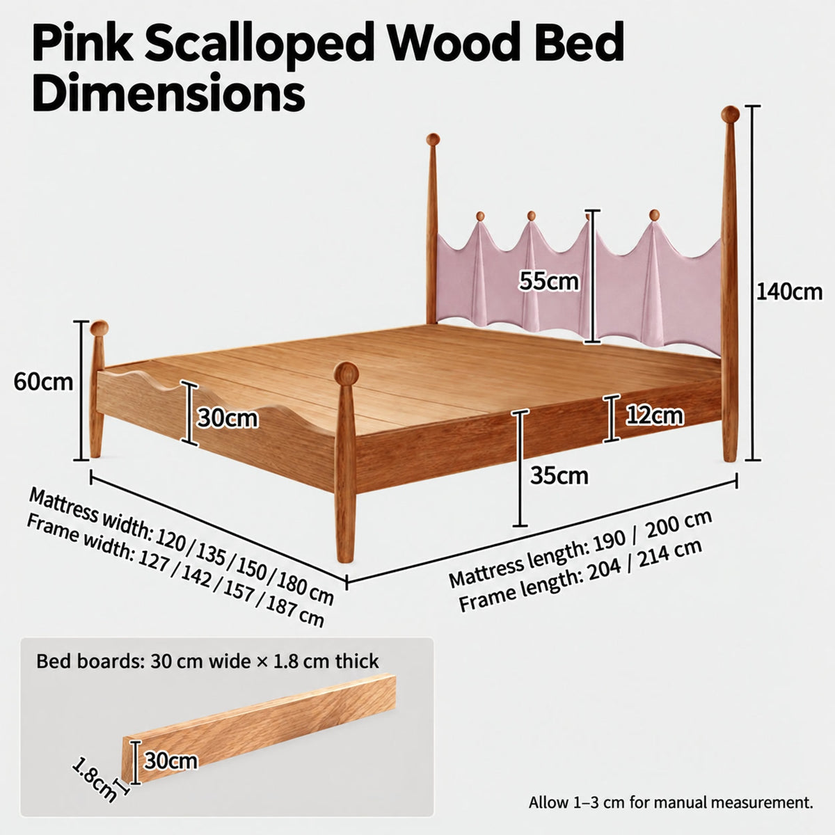  Pink bed dimensions, eight mattress footprints and wood bed-board measurements.
