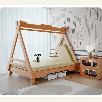  A-frame wood bed shown with optional green padded backrest and styled bedding.