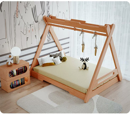  Open A-frame wood bed from the opposite side; hanging props and bedding are not included.