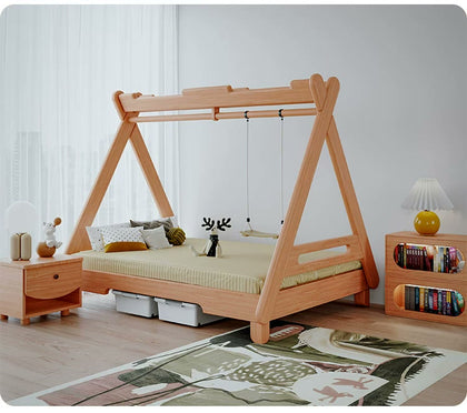  Wood A-frame bed with side rails and open floor clearance.