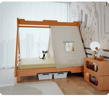  A-frame bed shown with optional fabric tent cover and small window.