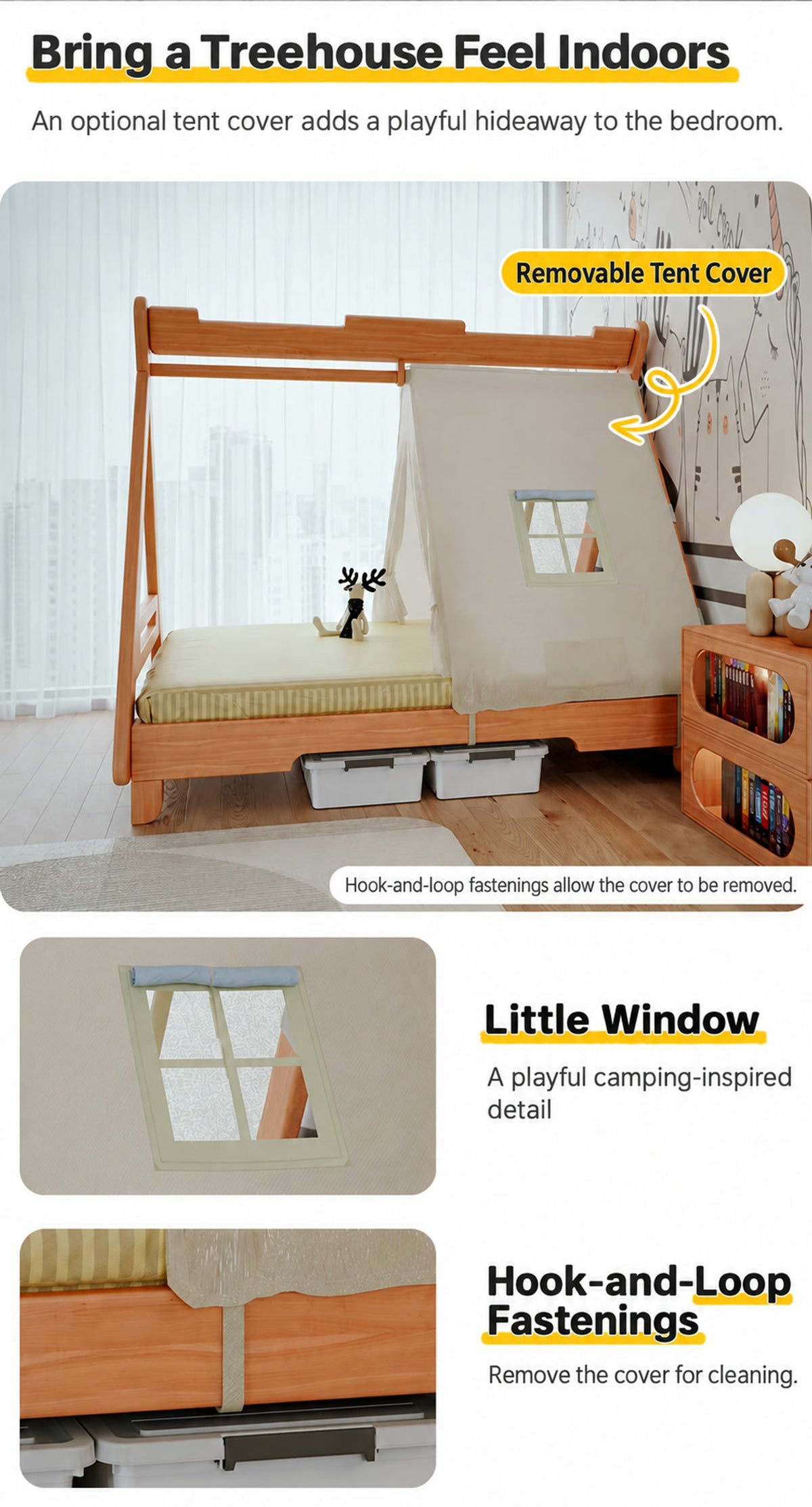  Optional tent cover with small window and removable hook-and-loop fastenings.
