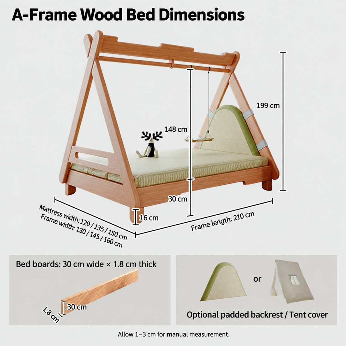  Supplier bed dimension diagram with optional backrest and tent cover.