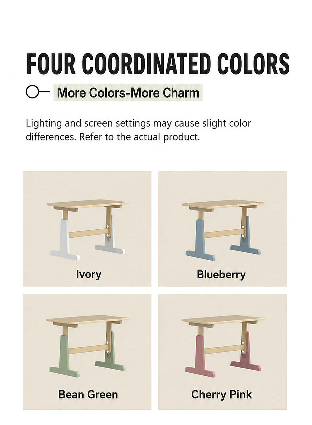  Ivory, Blueberry, Bean Green and Cherry Pink desk finishes