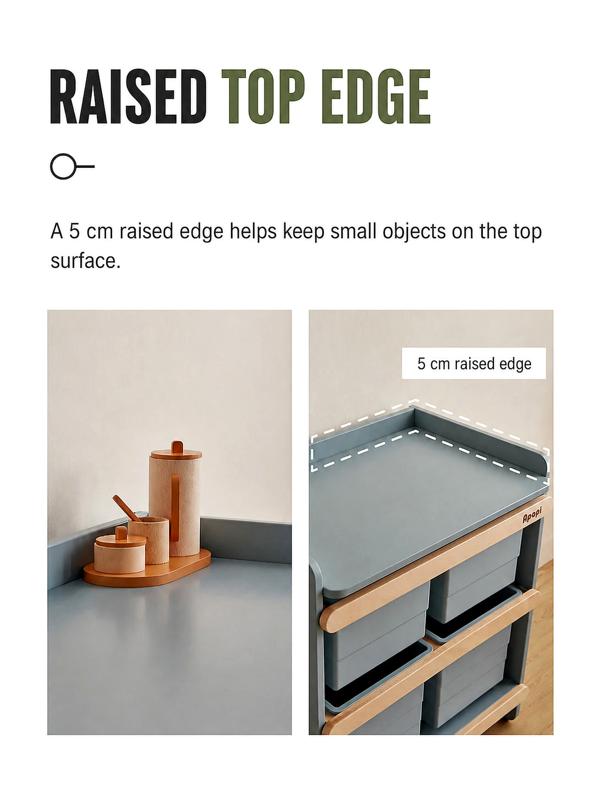  Close-up views of the 5 cm raised top edge