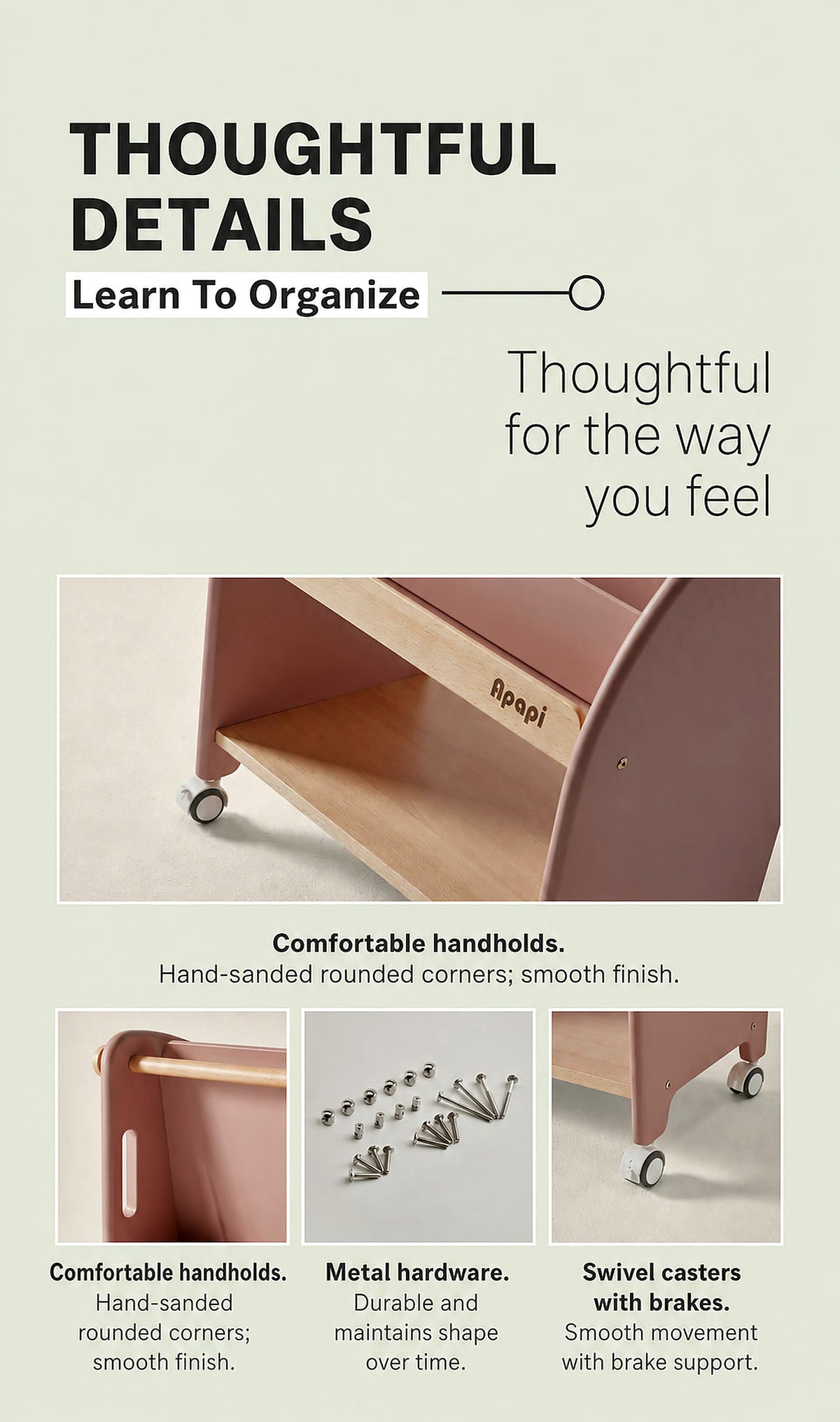  Rounded handhold, metal hardware and caster details