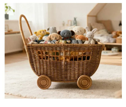  Rattan trolley filled with stuffed toys for household storage.