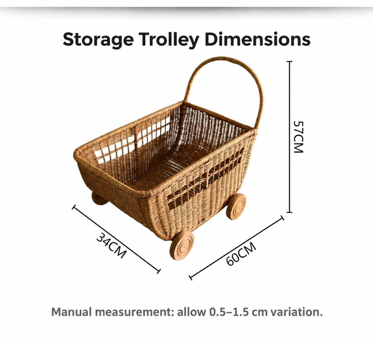  60 by34 by57 cm overall storage trolley dimensions.