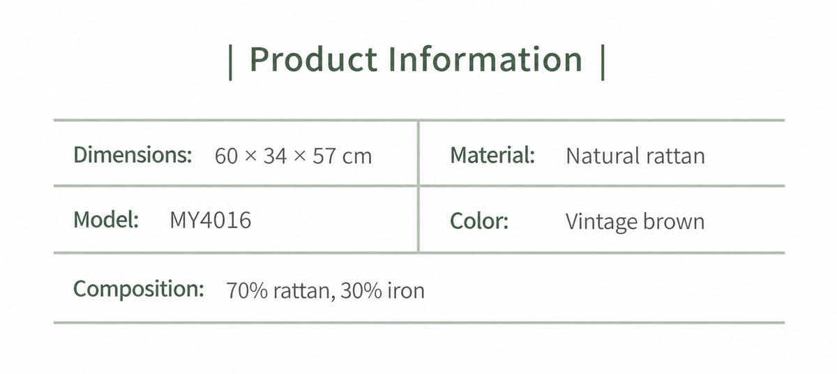 Supplier specifications for model MY4016 with natural rattan and iron composition.