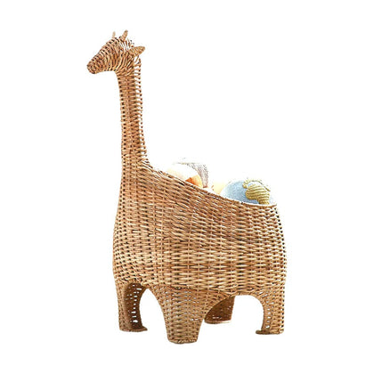  Giraffe-shaped woven basket with a tall neck and four short legs.