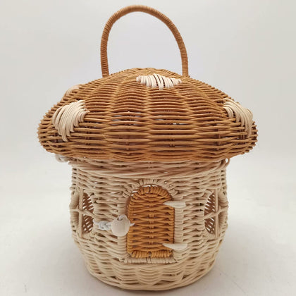  Embroidered Mushroom D basket with decorative accents.