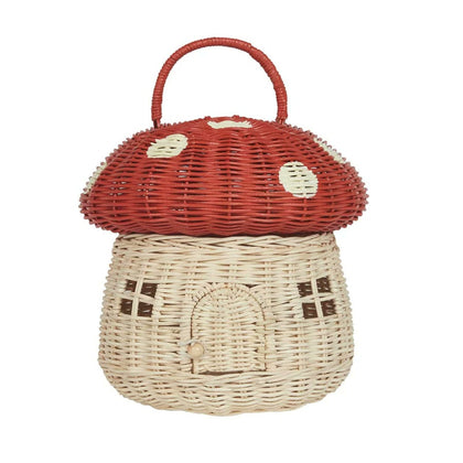  Red soft-weave mushroom basket with white spots.