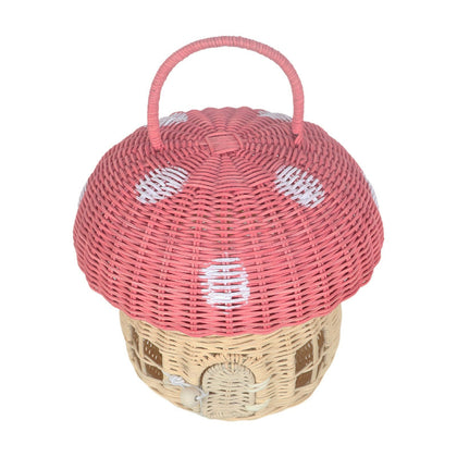  Pink soft-weave mushroom basket with white spots.