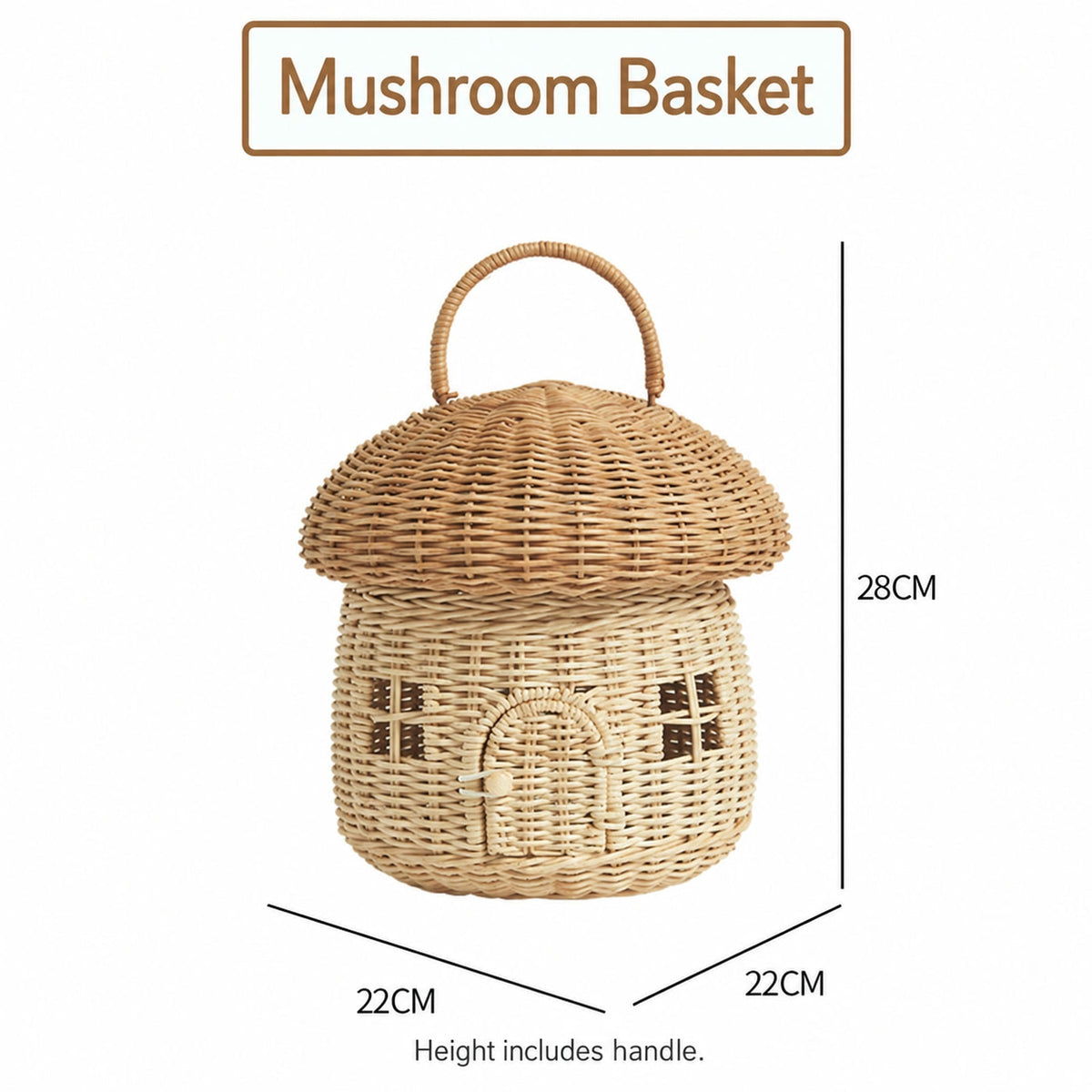  Natural soft-weave mushroom basket measuring 22 by 22 by 28 cm including handle.