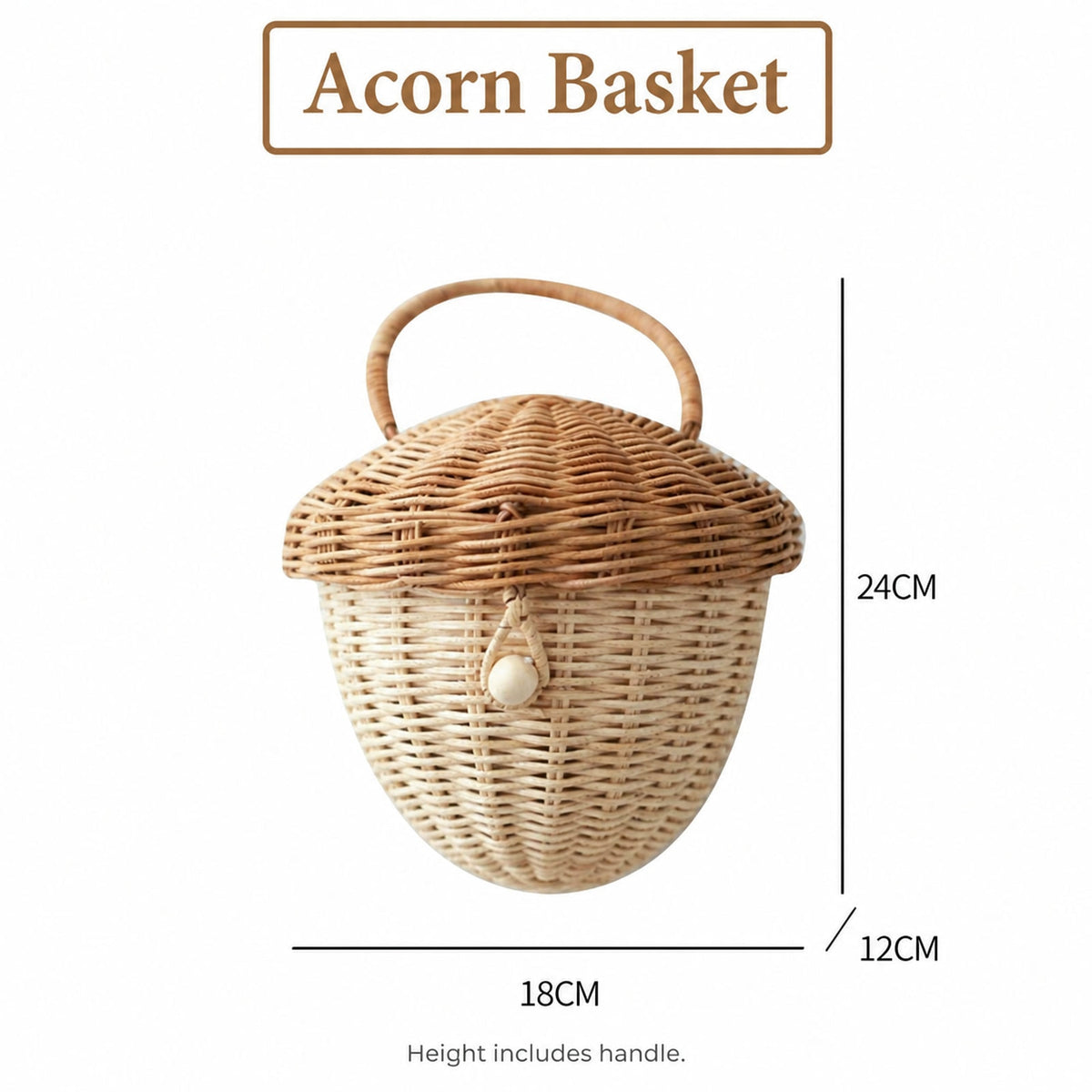  Acorn basket measuring 18 by 12 by 24 cm including handle.