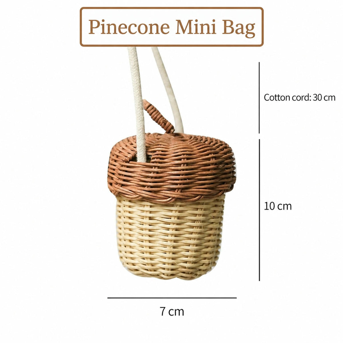  Pinecone mini bag measuring 7 cm wide and 10 cm high with a listed 30 cm cotton cord.