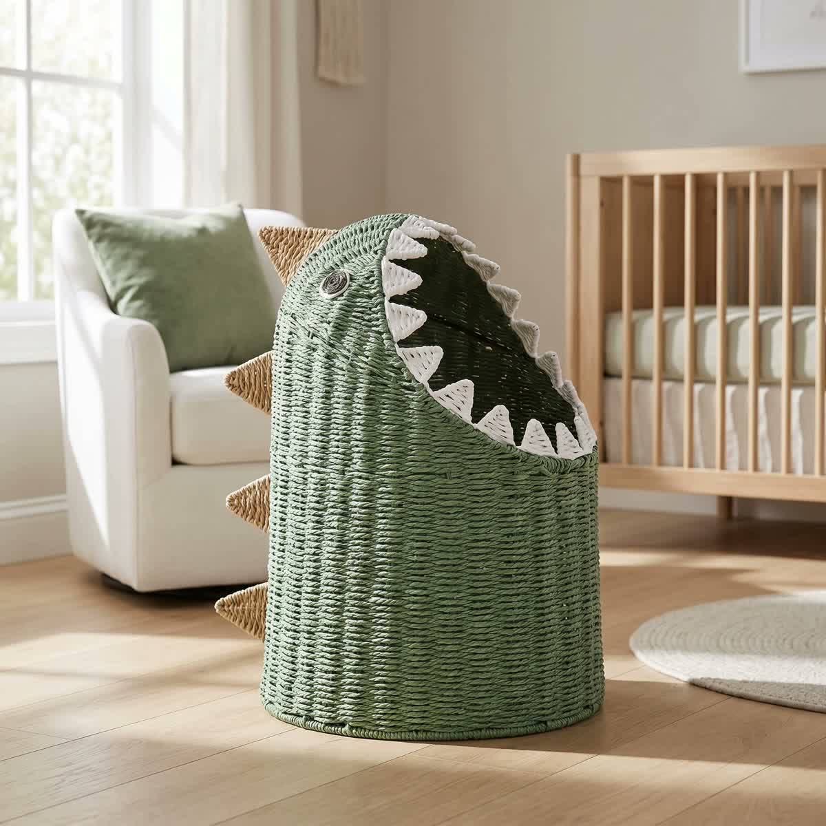 Green woven dinosaur basket with white teeth in a bright room.