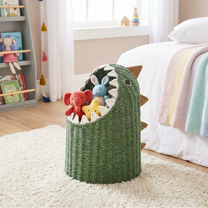  Green dinosaur basket filled with soft toys.