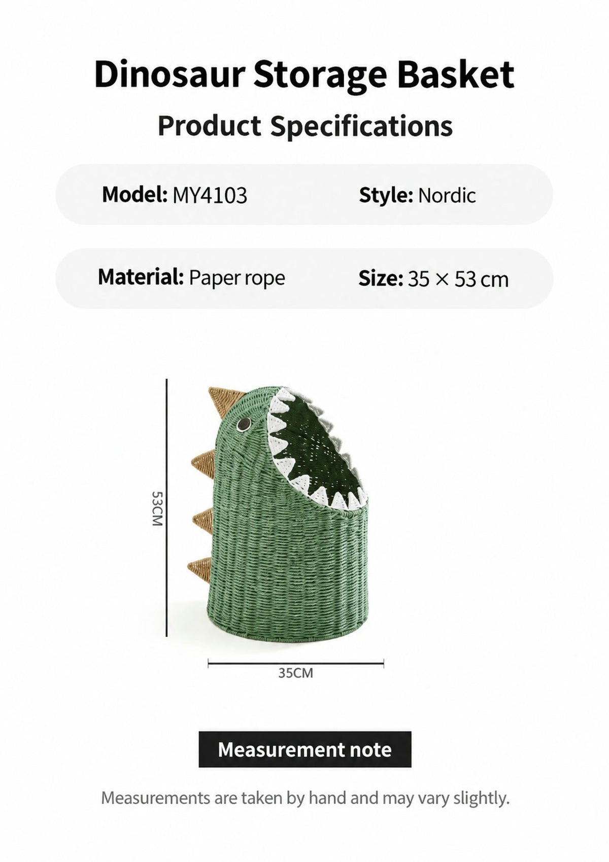  Dinosaur basket specifications: paper rope, 35 cm wide and 53 cm high.