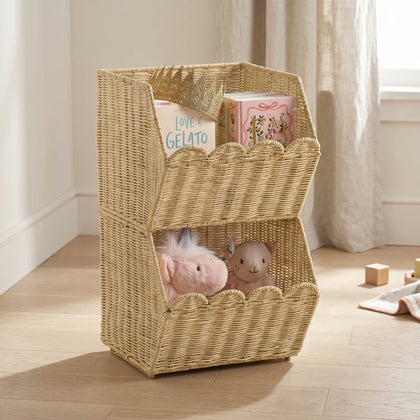  Two-tier woven storage organizer in a sunlit room.