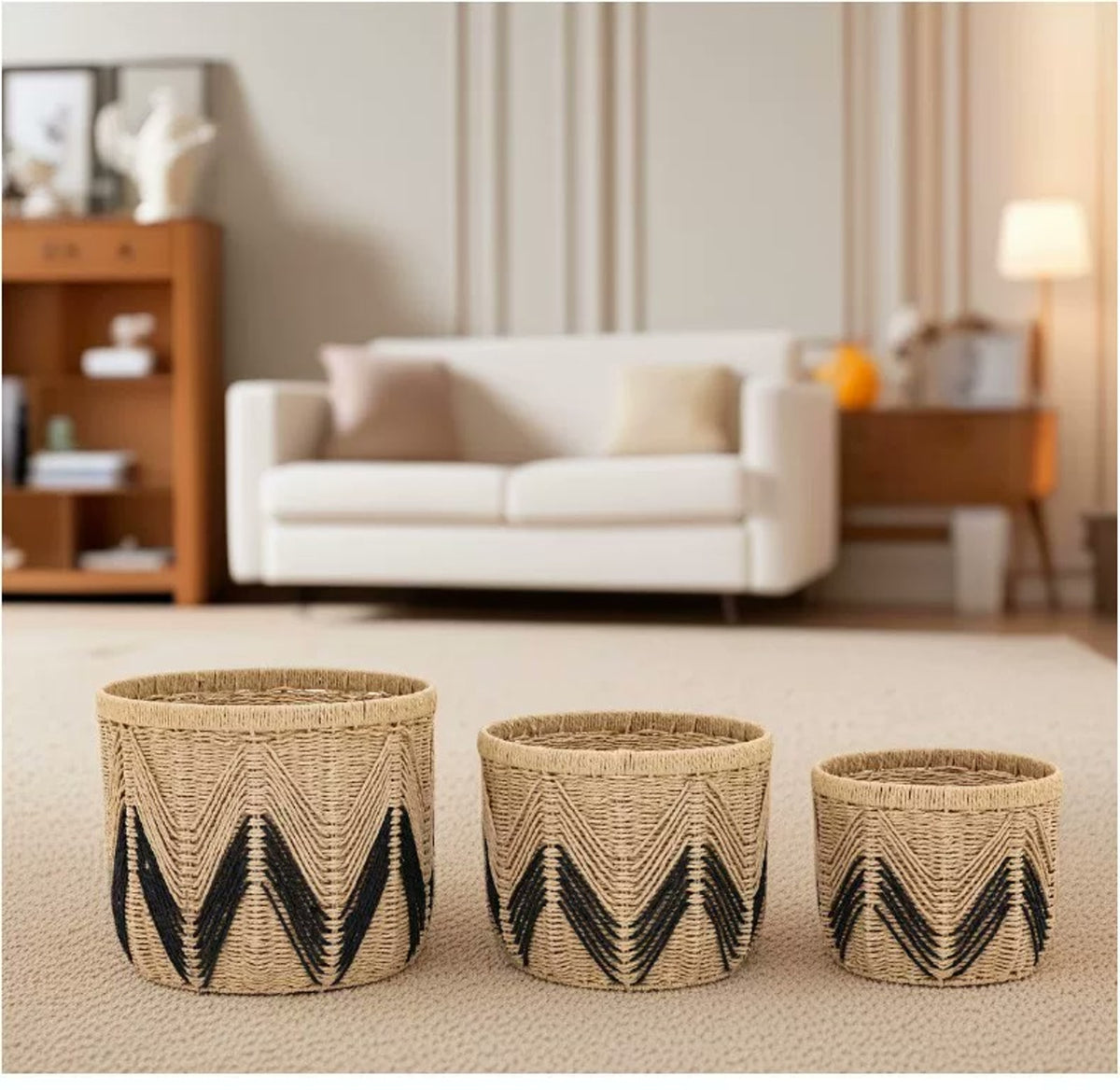  Small, medium and large baskets displayed together for size comparison.