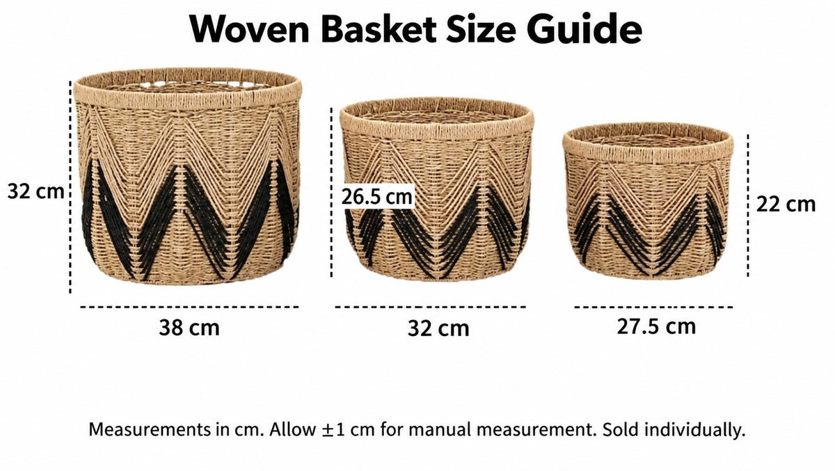  Small, medium and large basket width and height measurements in centimeters.