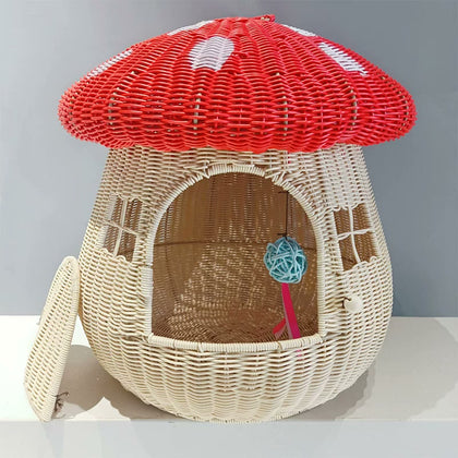  Red-capped mushroom cat house with a pale woven body.