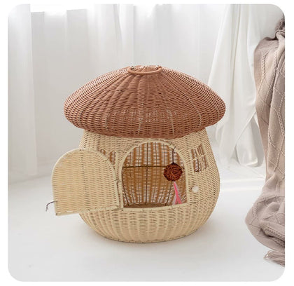  Camel-colored mushroom house with its woven door closed.