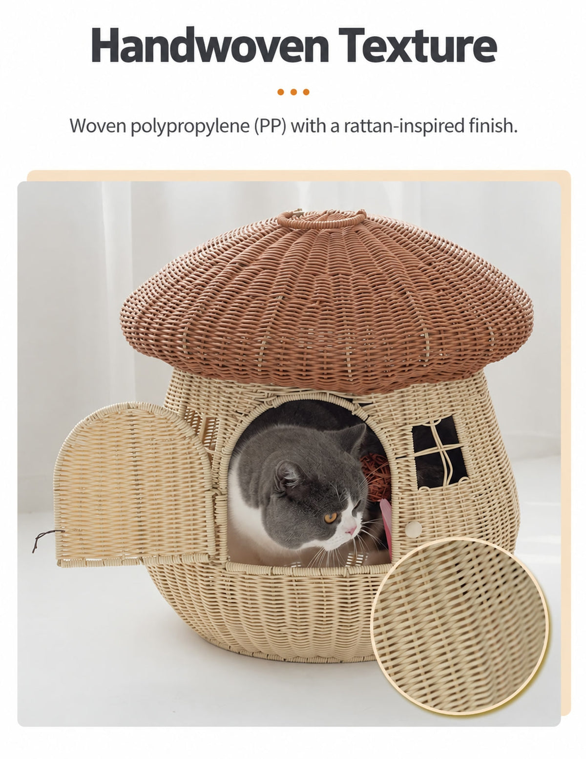  PP woven cat house and a magnified view of the rattan-inspired texture.