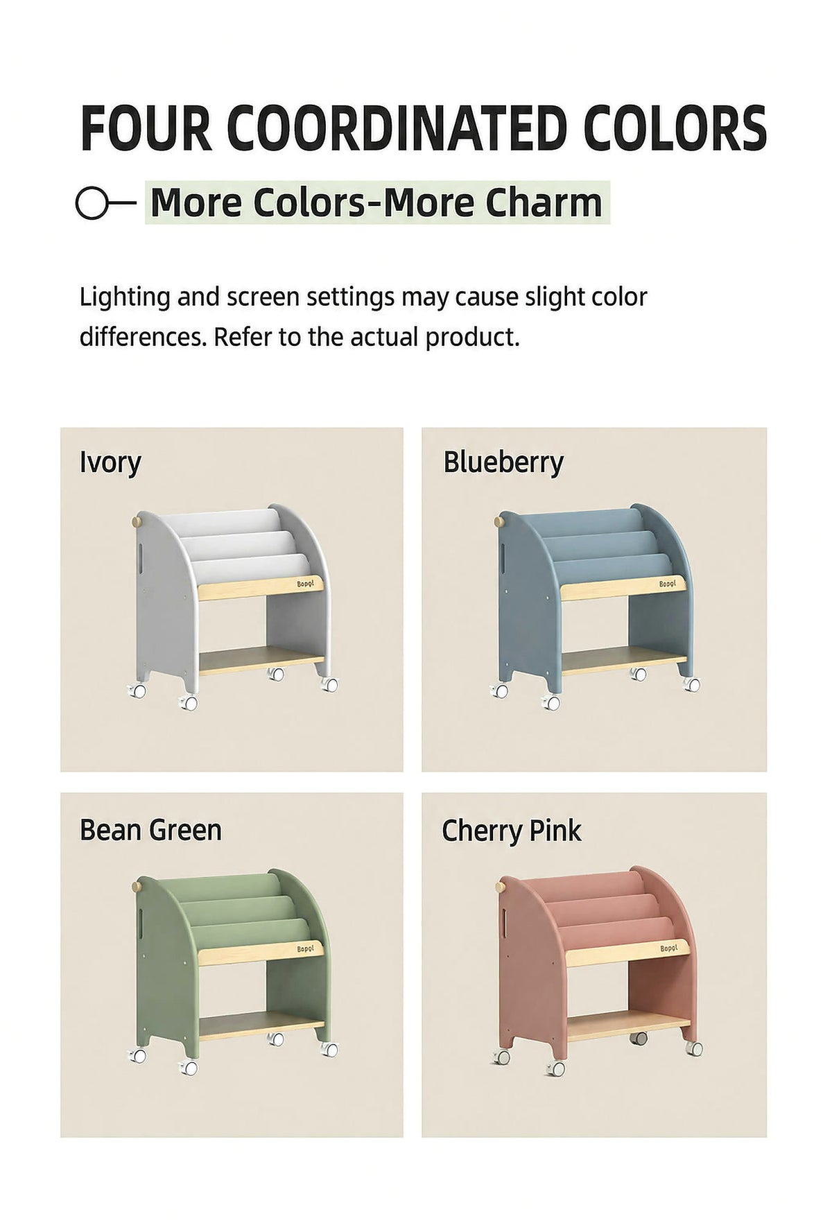  Ivory, Blueberry, Bean Green and Cherry Pink color comparison
