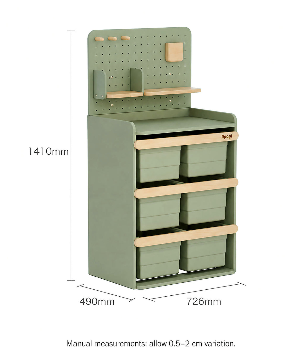  Six-bin pegboard set measuring 726 mm wide, 490 mm deep and 1410 mm high