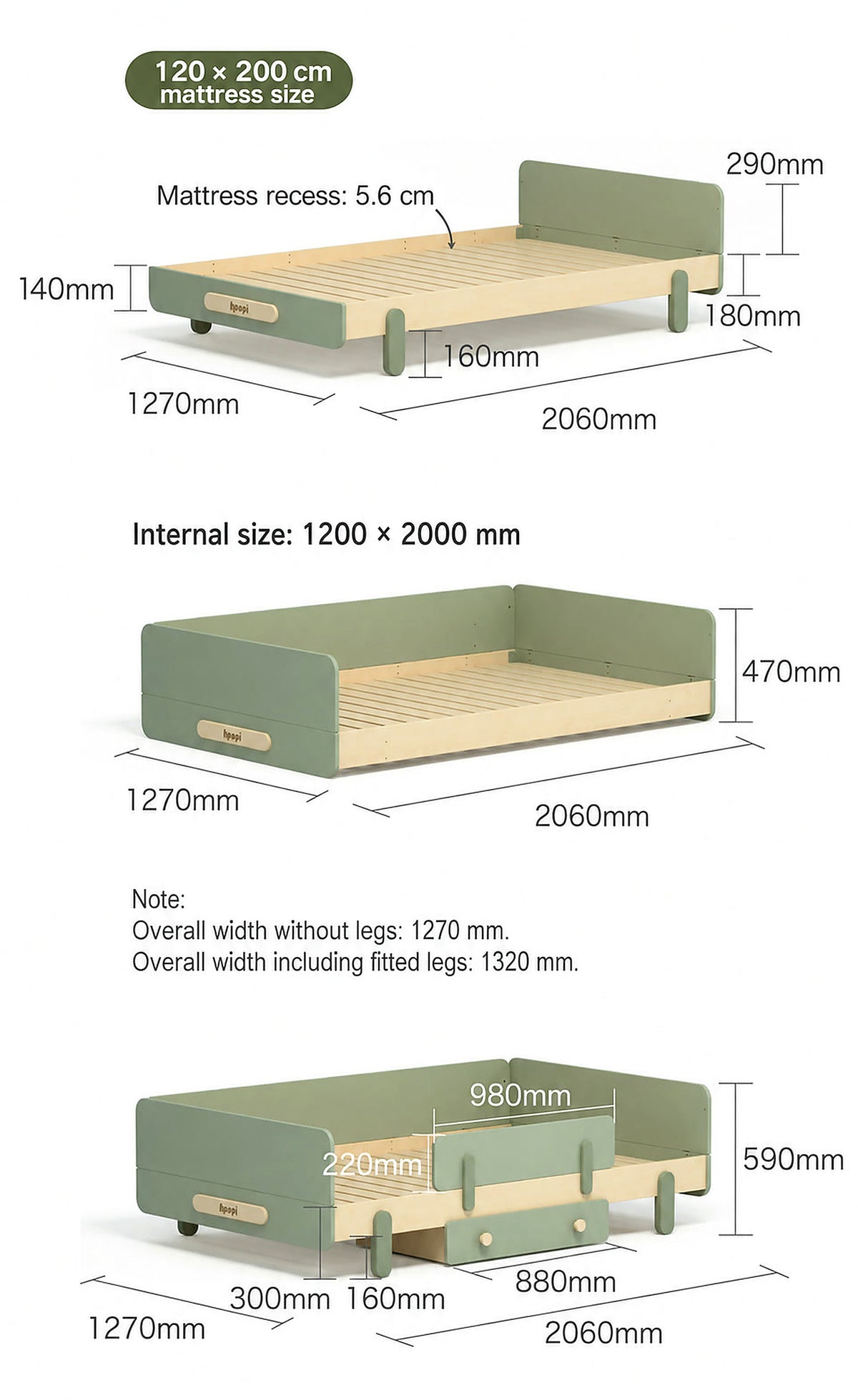  120 × 200 cm mattress option with floor and raised bed-frame dimensions