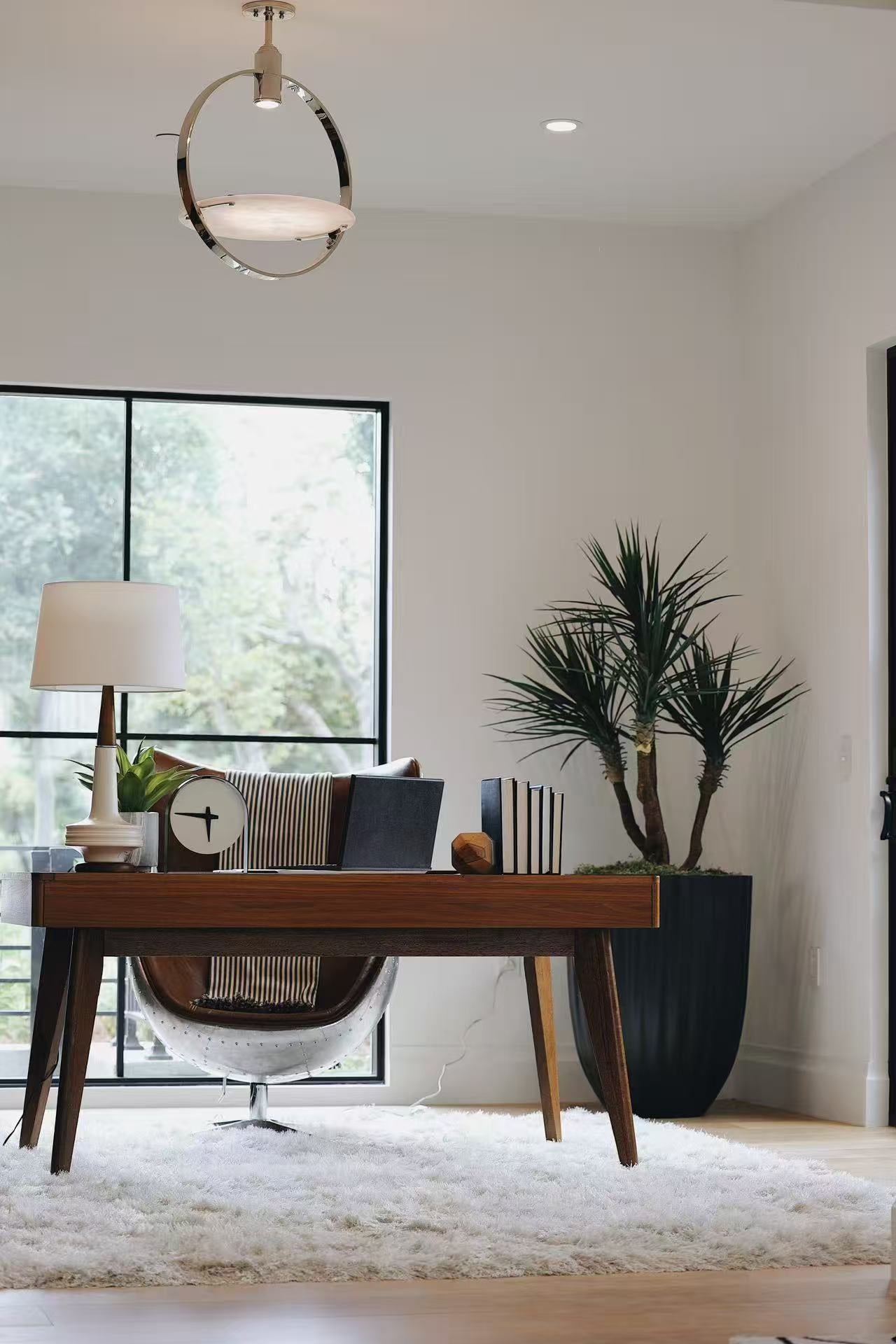 Study area with desk, plant, pendant light, and large window