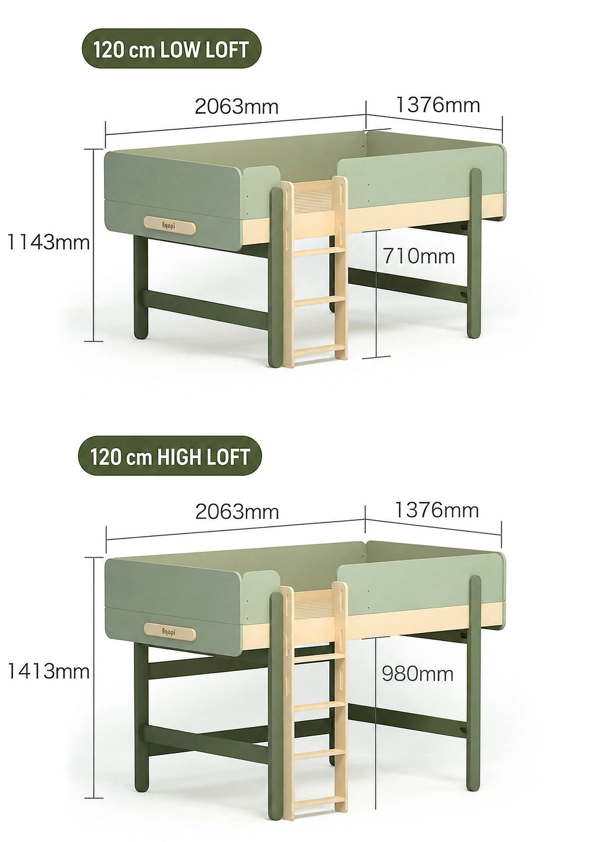  120 cm low and high loft dimensions with 71 and 98 cm underbed clearance