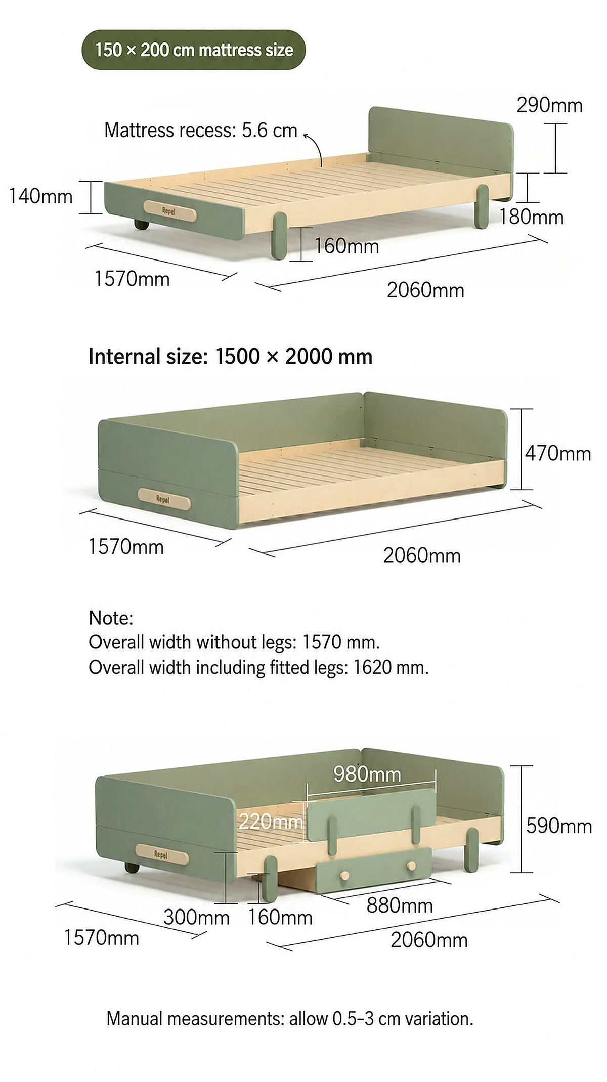  150 × 200 cm mattress option with floor and raised bed-frame dimensions
