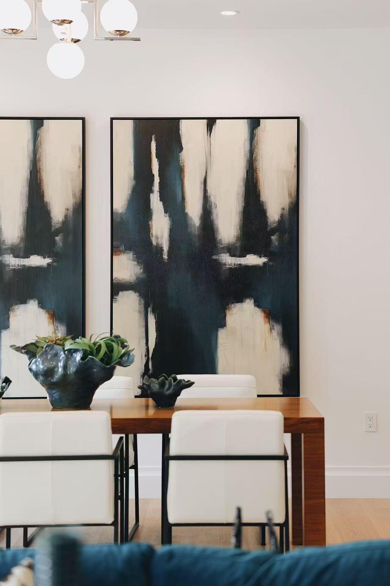 Art and console vignette viewed from the living area