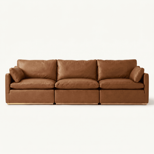 Modern Low-Profile Leather Sofa with Wood Base
